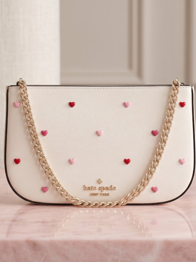 Kate Spade Madison Heart Stud Pochette Powdered Sugar Pink Leather Nwt